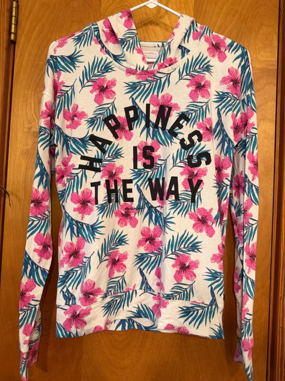 Spiritual Gangster Floral Hooded Sweatshirt "Happiness Is The Way" - Pink & Teal